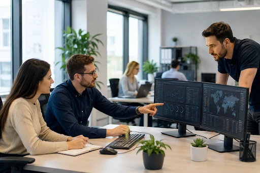 IT professionals monitoring business systems to improve productivity and network performance in a modern office.